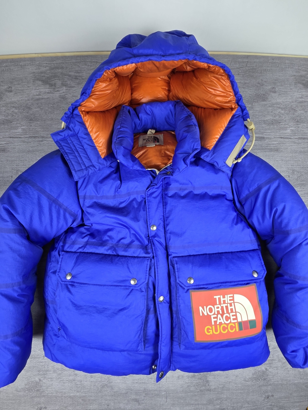 Authentic Gucci x The North Face Blue Down Puffer Jacket Hooded Size S Rare